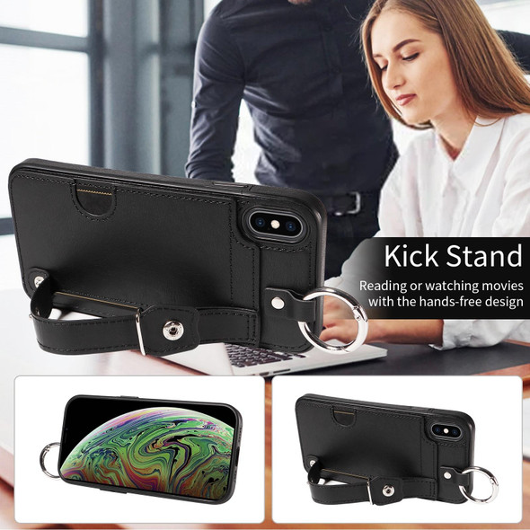 For iPhone XS Max Calf Texture Wrist Card Slot Ring Phone Case(Black)