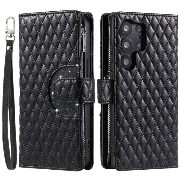 For Samsung Galaxy S23 Ultra 5G Glitter Lattice Zipper Wallet Leather Phone Case(Black)