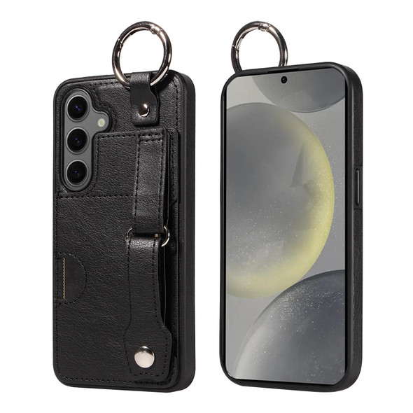 For Samsung Galaxy S24+ 5G Calf Texture Wrist Card Slot Ring Phone Case(Black)