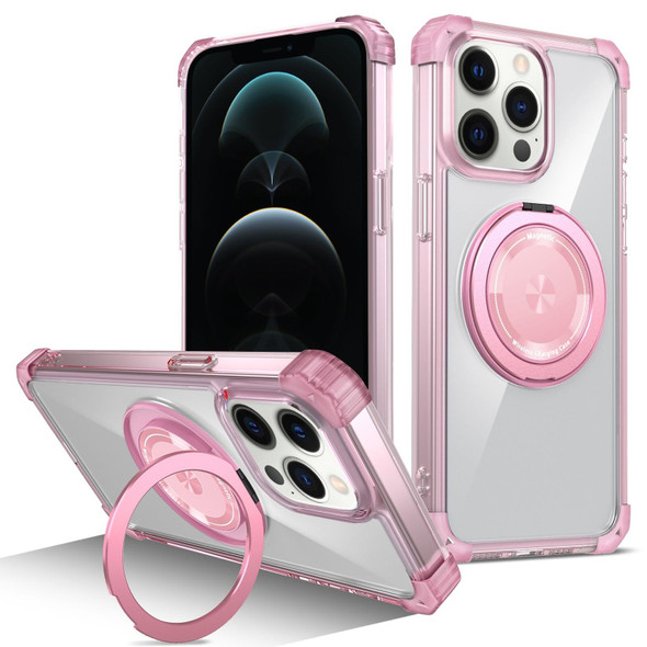 For iPhone 12 Pro Max Gold Shield CD Pattern MagSafe Magnetic Phone Case with Rotating Stand(Transparent Pink)