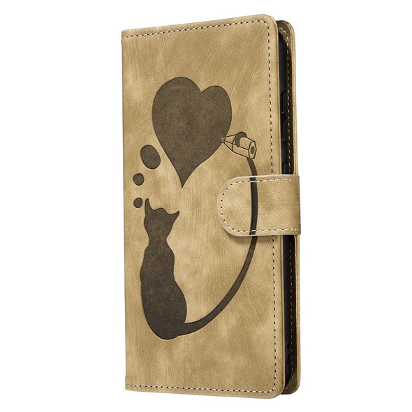 For Xiaomi Redmi Note 11S 4G / Note 12S Pen Heart Cat Embossed Leather Phone Case(Apricot)