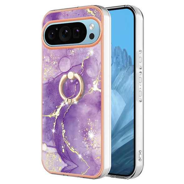For Google Pixel 9 Electroplating Marble IMD TPU Phone Case with Ring Holder(Purple 002)