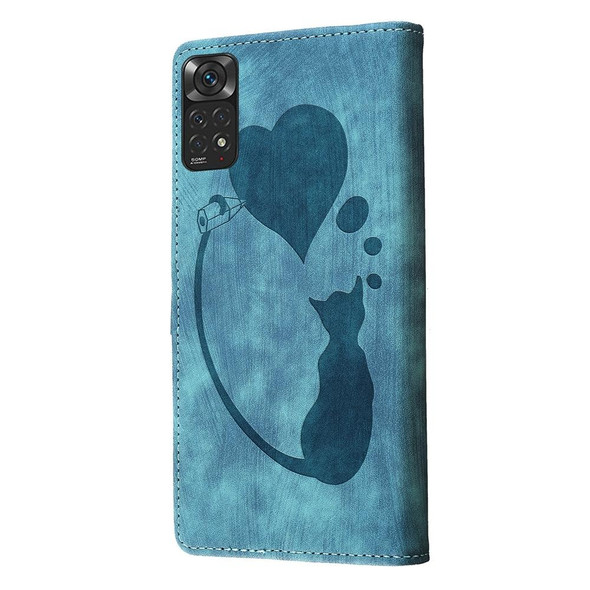 For Xiaomi Redmi Note 11S 4G / Note 12S Pen Heart Cat Embossed Leather Phone Case(Blue)