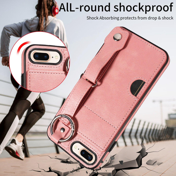 For iPhone 7 Plus / 8 Plus Calf Texture Wrist Card Slot Ring Phone Case(Pink)