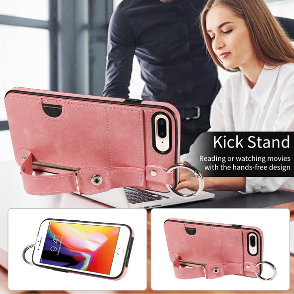 For iPhone 7 Plus / 8 Plus Calf Texture Wrist Card Slot Ring Phone Case(Pink)