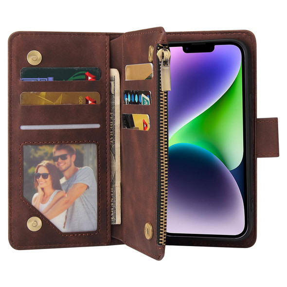 For iPhone 15 Multifunctional Multi-Card Wallet Phone Leather Case(Coffee)