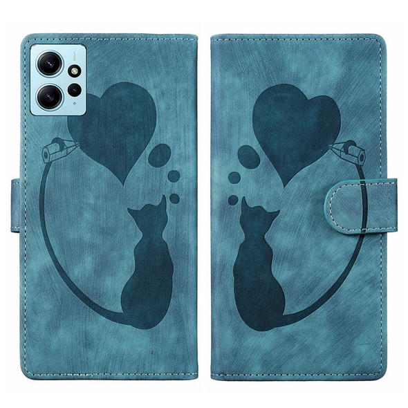 For Xiaomi Redmi Note 12 4G Global Pen Heart Cat Embossed Leather Phone Case(Blue)