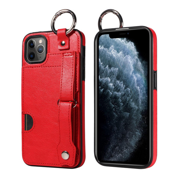 For iPhone 11 Pro Max Calf Texture Wrist Card Slot Ring Phone Case(Red)