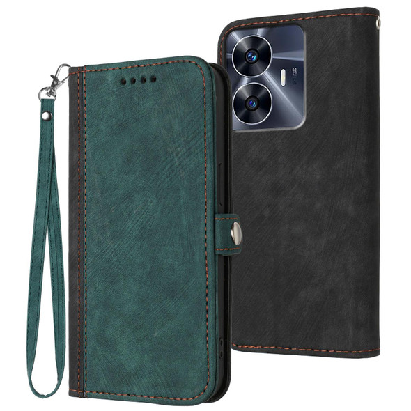 For Realme C55 4G Global/Narzo N55 Side Buckle Double Fold Hand Strap Leather Phone Case(Dark Green)