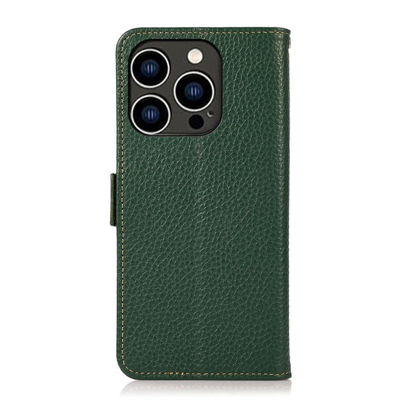 For iPhone 15 Pro KHAZNEH Side-Magnetic Litchi Genuine Leather RFID Phone Case(Green)