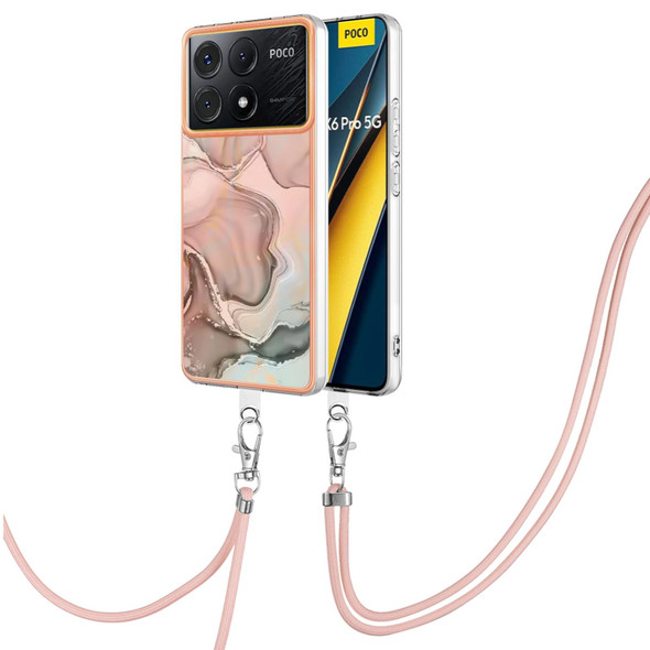 For Xiaomi Poco X6 Pro Electroplating Marble Dual-side IMD Phone Case with Lanyard(Rose Gold 015)