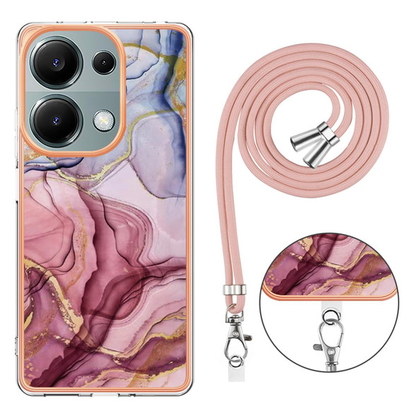 For Xiaomi Redmi Note 13 Pro 4G Global Electroplating Marble Dual-side IMD Phone Case with Lanyard(Rose Red 014)
