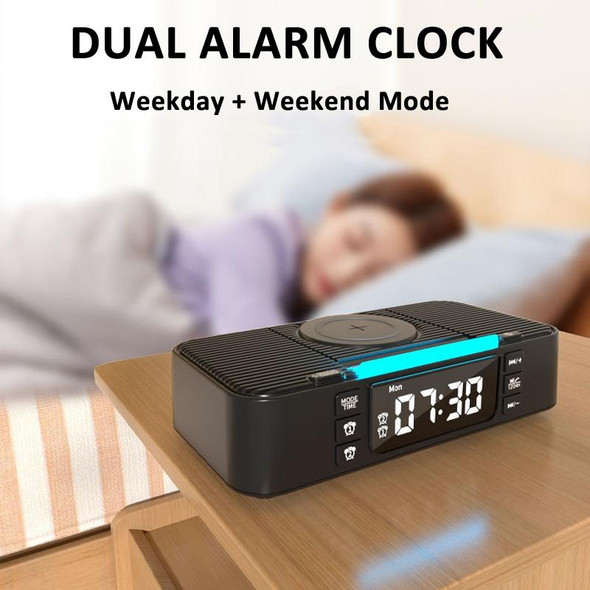 Digital Alarm Clock Wireless Charger Bluetooth Speaker RGB Night Light Cell Phone Stand(White)