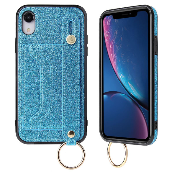 Glitter Powder PU+TPU Shockproof Protective Case with Holder & Card Slots & Wrist Strap - iPhone XS Max(Blue)