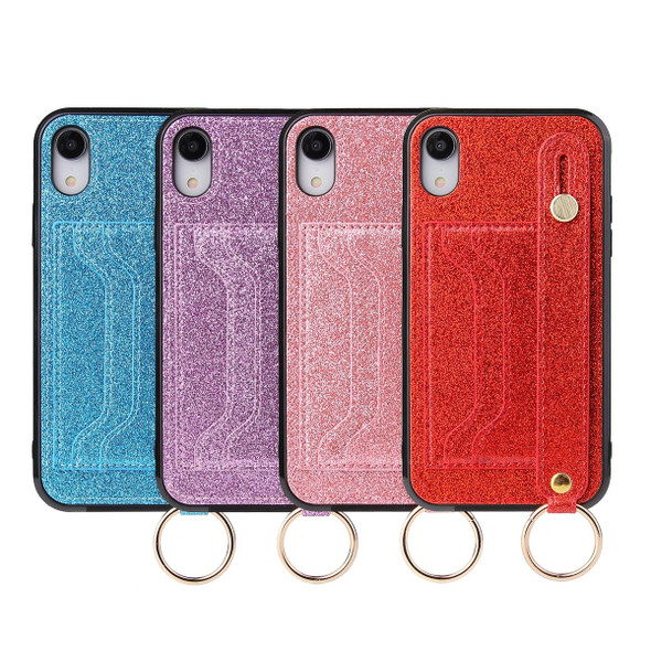 Glitter Powder PU+TPU Shockproof Protective Case with Holder & Card Slots & Wrist Strap - iPhone X / XS(Red)