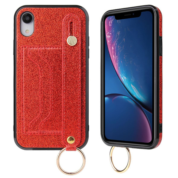 Glitter Powder PU+TPU Shockproof Protective Case with Holder & Card Slots & Wrist Strap - iPhone X / XS(Red)