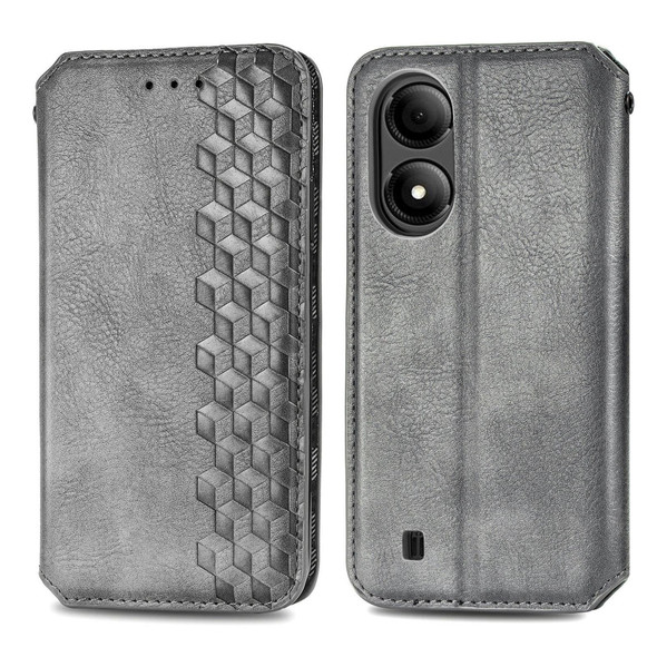 For ZTE Blade A33S Cubic Grid Pressed Magnetic Leather Phone Case(Grey)