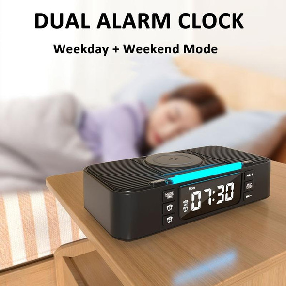 Digital Alarm Clock Wireless Charger Bluetooth Speaker RGB Night Light Cell Phone Stand(Black)