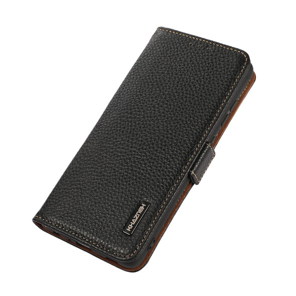 For iPhone 15 Pro KHAZNEH Side-Magnetic Litchi Genuine Leather RFID Phone Case(Black)