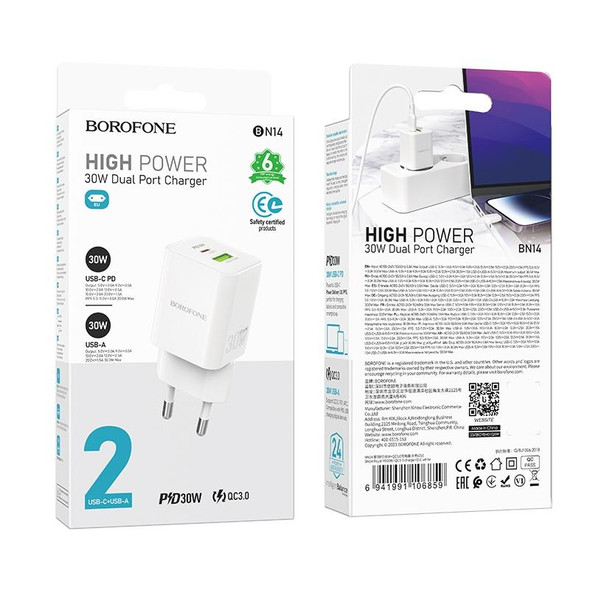 BOROFONE BN14 Royal PD30W Type-C + QC3.0 USB Charger, EU Plug(White)