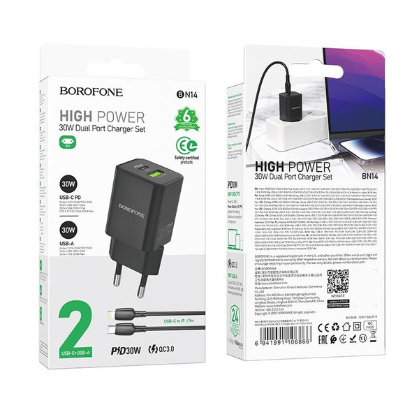 BOROFONE BN14 Royal PD30W Type-C + QC3.0 USB Charger with Type-C to 8 Pin Cable, EU Plug(Black)