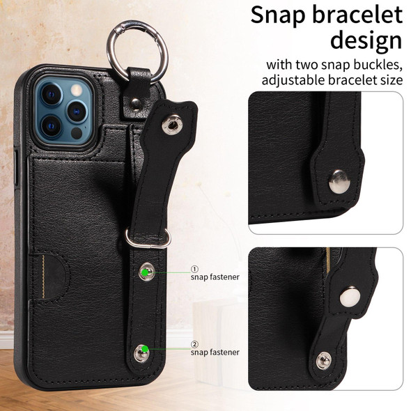 For iPhone 12 / 12 Pro Calf Texture Wrist Card Slot Ring Phone Case(Black)