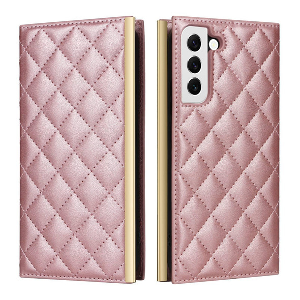 For Samsung Galaxy S21 5G Crossbody Rhombic Sucker Leather Phone Case(Rose Gold)