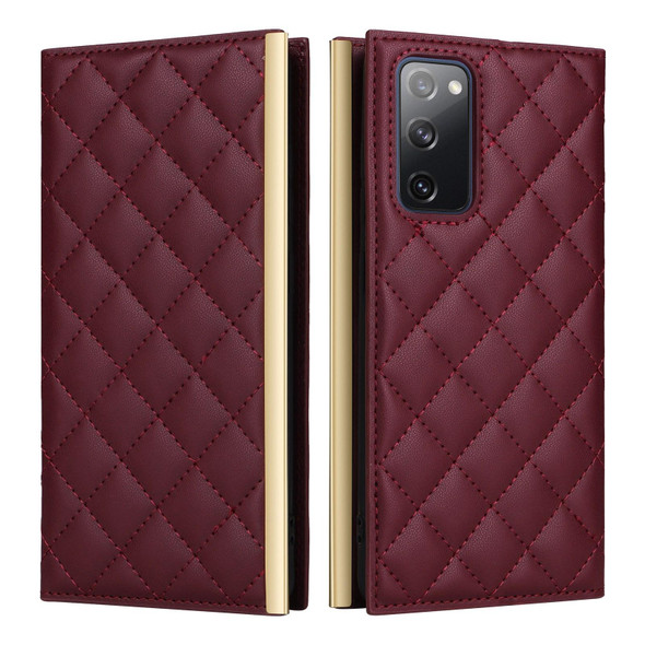 For Samsung Galaxy S20 FE Crossbody Rhombic Sucker Leather Phone Case(Claret)