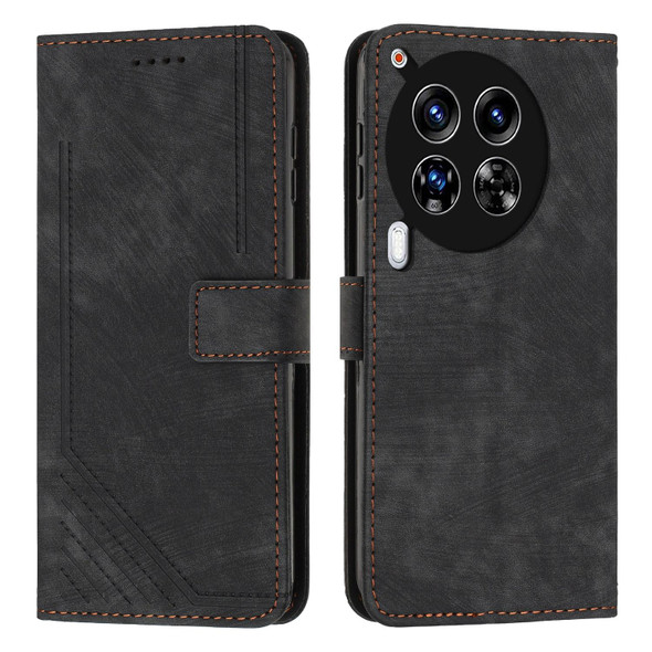 For Tecno Camon 30 Premier Skin Feel Stripe Pattern Leather Phone Case with Long Lanyard(Black)