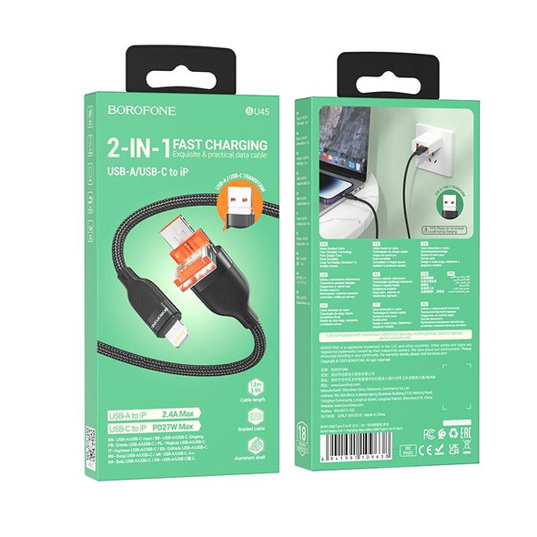 BOROFONE BU45 1.2m USB & Type-C to 8 Pin Happy 2-in-1 Charging Data Cable(Black)