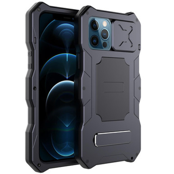 Aluminum Alloy + Silicone Anti-dust Full Body Protection with Holder - iPhone 12 / 12 Pro(Black) - Open Box (Grade A)
