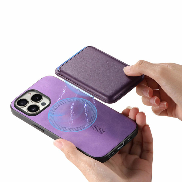 For iPhone 15 Plus Retro Magsafe Card Bag PU Back Cover Phone Case(Purple)