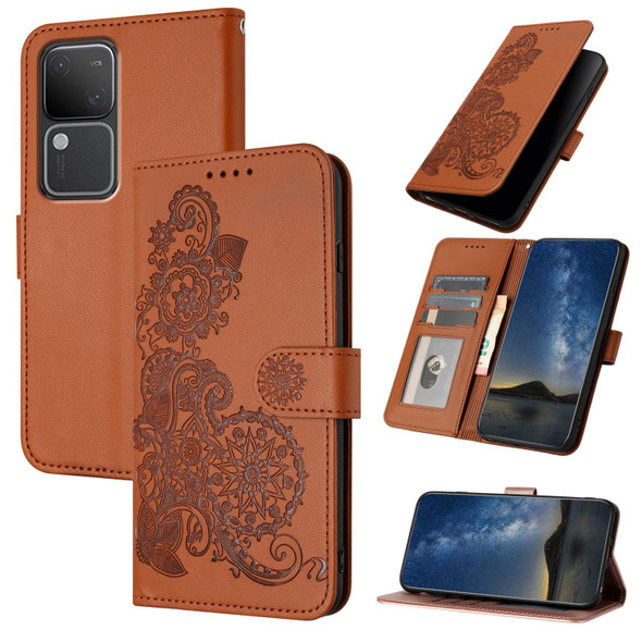 For vivo V30 5G Global/V30 Pro 5G Global Datura Flower Embossed Flip Leather Phone Case(Brown)