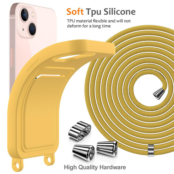 For iPhone 13 Integrated Card Bag Solid Color Liquid Silicone Phone Case with Lanyard(Yellow)