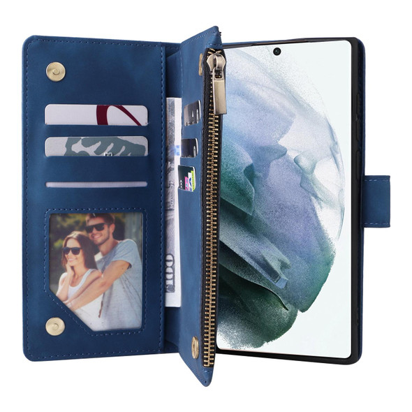 For Samsung Galaxy S22 Ultra 5G Multifunctional Frosted Zipper Wallet Leather Phone Case(Blue)