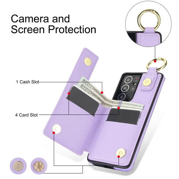 For Samsung Galaxy S21 Ultra 5G Litchi Texture Zipper Double Buckle Card Bag Phone Case(Purple)