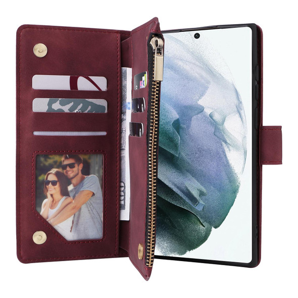 For Samsung Galaxy S22 Ultra 5G Multifunctional Frosted Zipper Wallet Leather Phone Case(Wine Red)