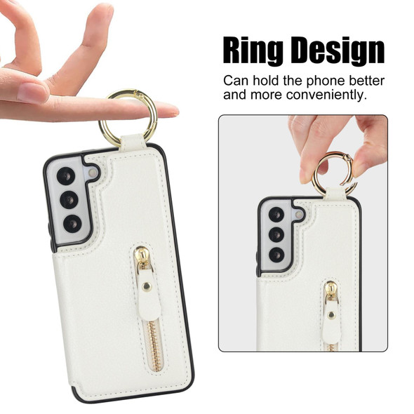 For Samsung Galaxy S22 5G Litchi Texture Zipper Double Buckle Card Bag Phone Case(White)