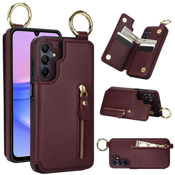 For Samsung Galaxy A15 Litchi Texture Zipper Double Buckle Card Bag Phone Case(Maroon Red)