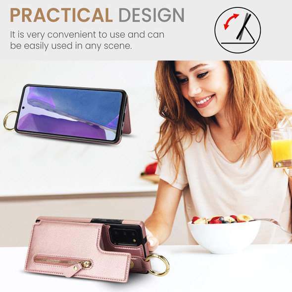 For Samsung Galaxy Note20 Litchi Texture Zipper Double Buckle Card Bag Phone Case(Rose Gold)