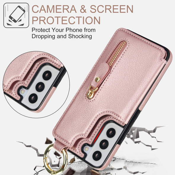 For Samsung Galaxy S22 5G Litchi Texture Zipper Double Buckle Card Bag Phone Case(Rose Gold)