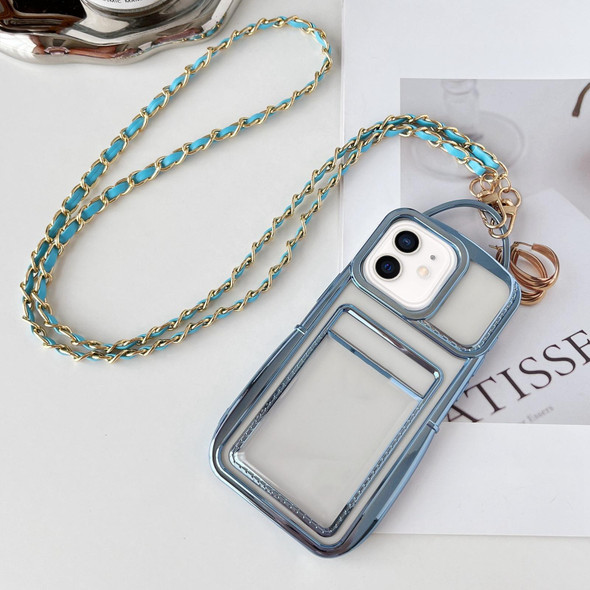For iPhone 11 Electroplated Clear Card Slot TPU Phone Case with Crossbody Chain(Blue)