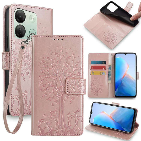 For Infinix Smart 7 HD Tree & Deer Embossed Leather Phone Case(Rose Gold)