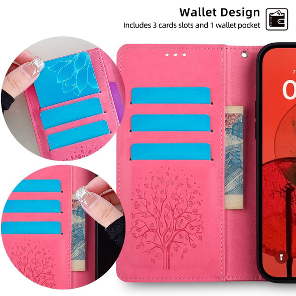 For OnePlus 11 Tree & Deer Embossed Leather Phone Case(Pink)