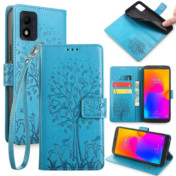 For Alcatel 1B 2022 Tree & Deer Embossed Leather Phone Case(Blue)