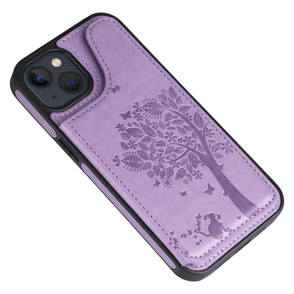 Cat Tree Embossing Pattern Shockproof Phone Case - iPhone 13 mini(Purple)