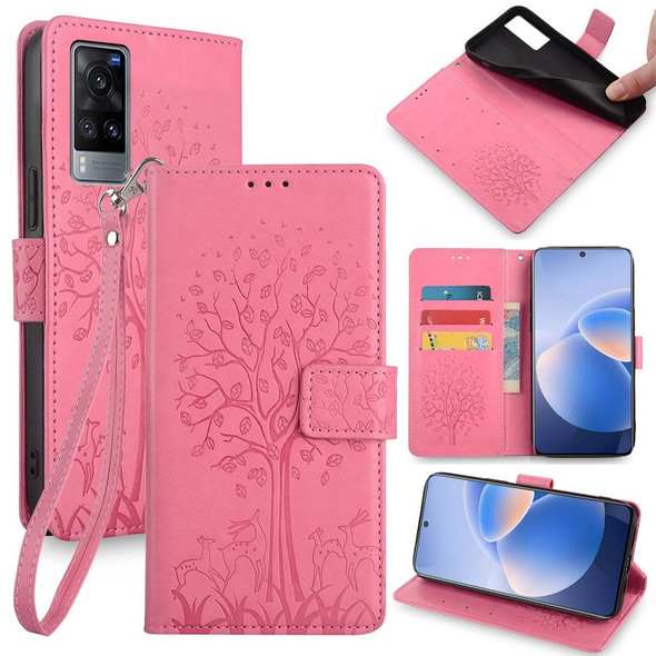 For vivo X60 Tree & Deer Embossed Leather Phone Case(Pink)