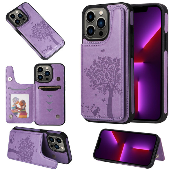 Cat Tree Embossing Pattern Shockproof Phone Case - iPhone 13 Pro(Purple)