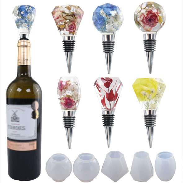 DIY Crystal Epoxy Resin Red Wine Stopper Silicone Mold,Style: 5 Molds+5 Red Wine Plug