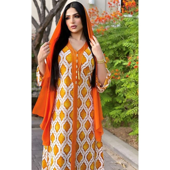 Women Printed Loose Long Dress (Color:Orange Size:L)